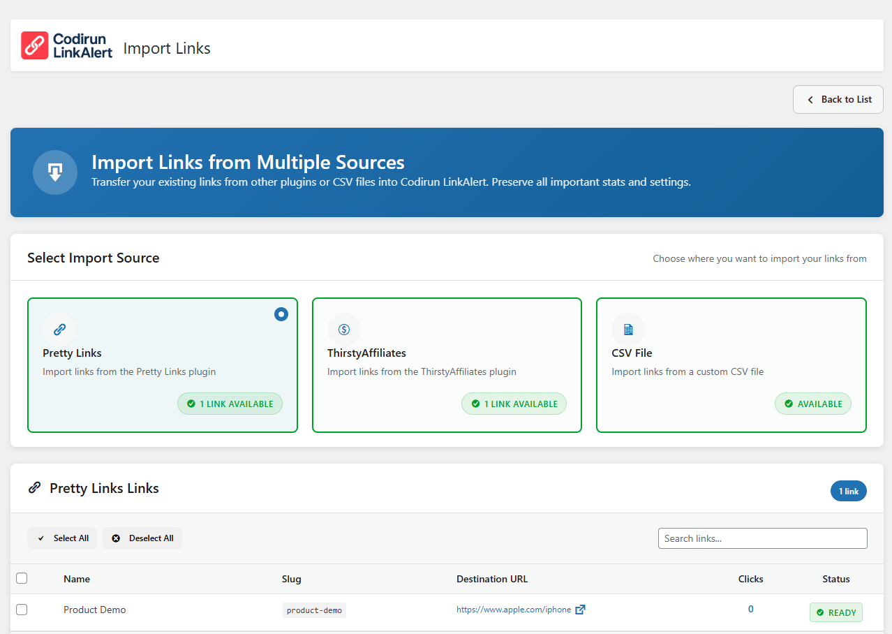Import page for migrating links from Pretty Links plugin
