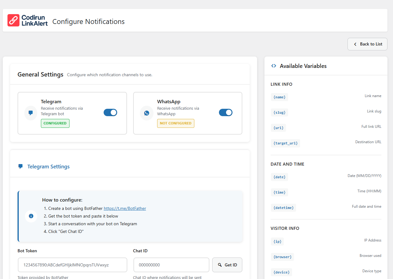 Premium notification settings for Telegram and WhatsApp alerts