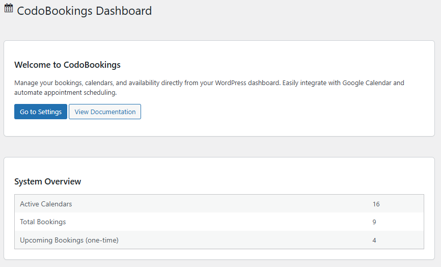 Define calendar type and confirmation message in the WordPress admin.