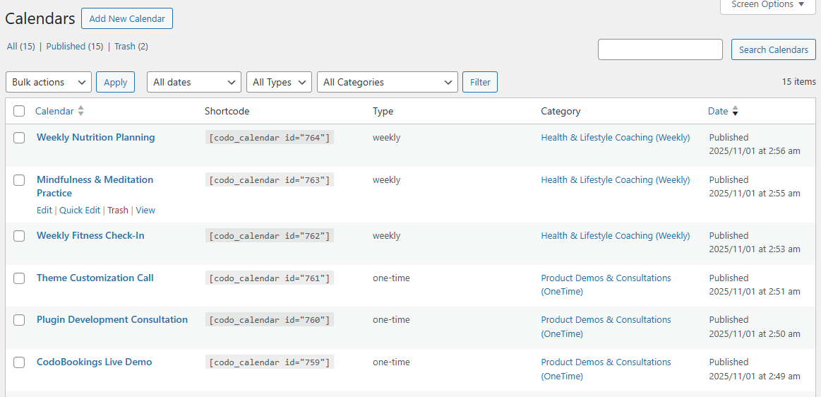Bookings list management in the WordPress admin.