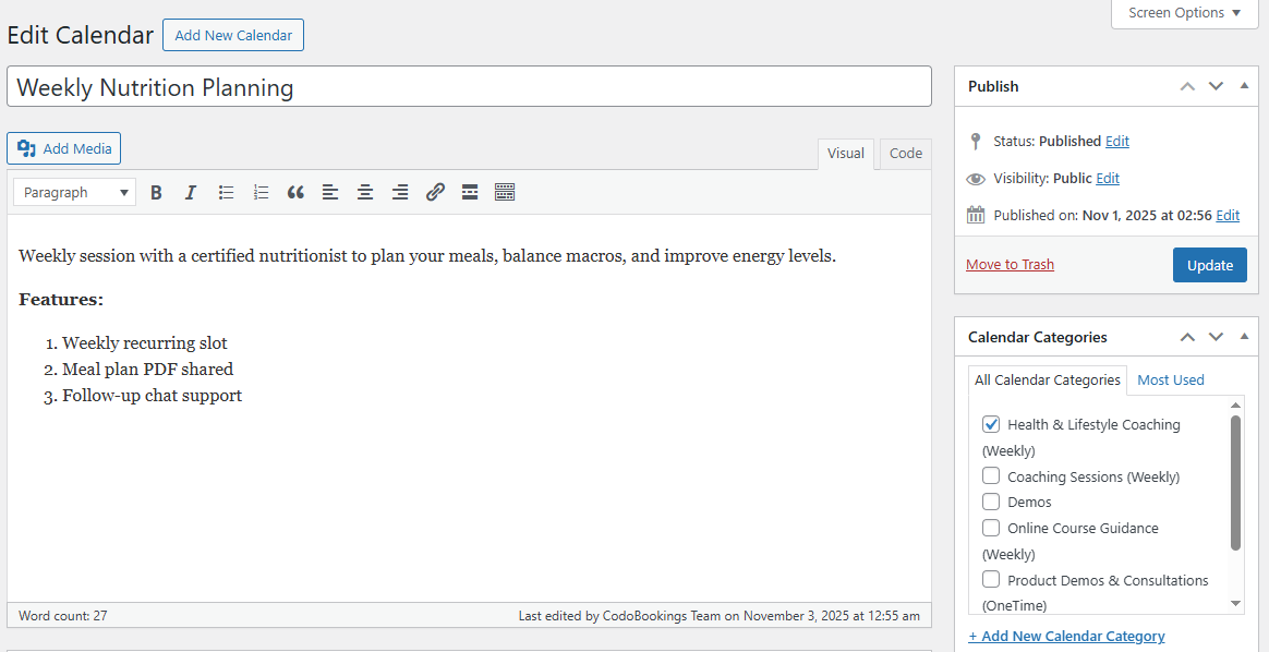 Edit single booking in the WordPress admin.