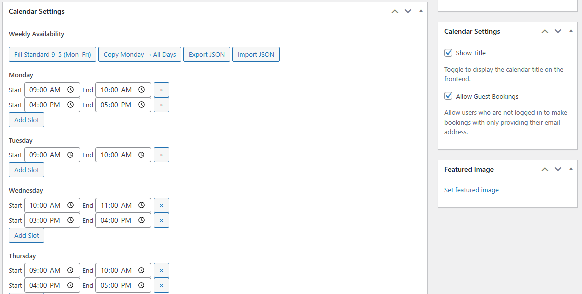 Calendar categories management in the WordPress admin.