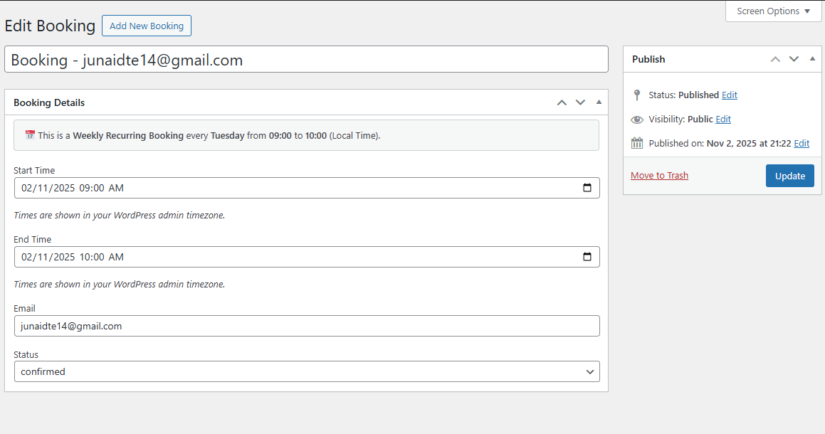 One-Time booking calendar view on the frontend.