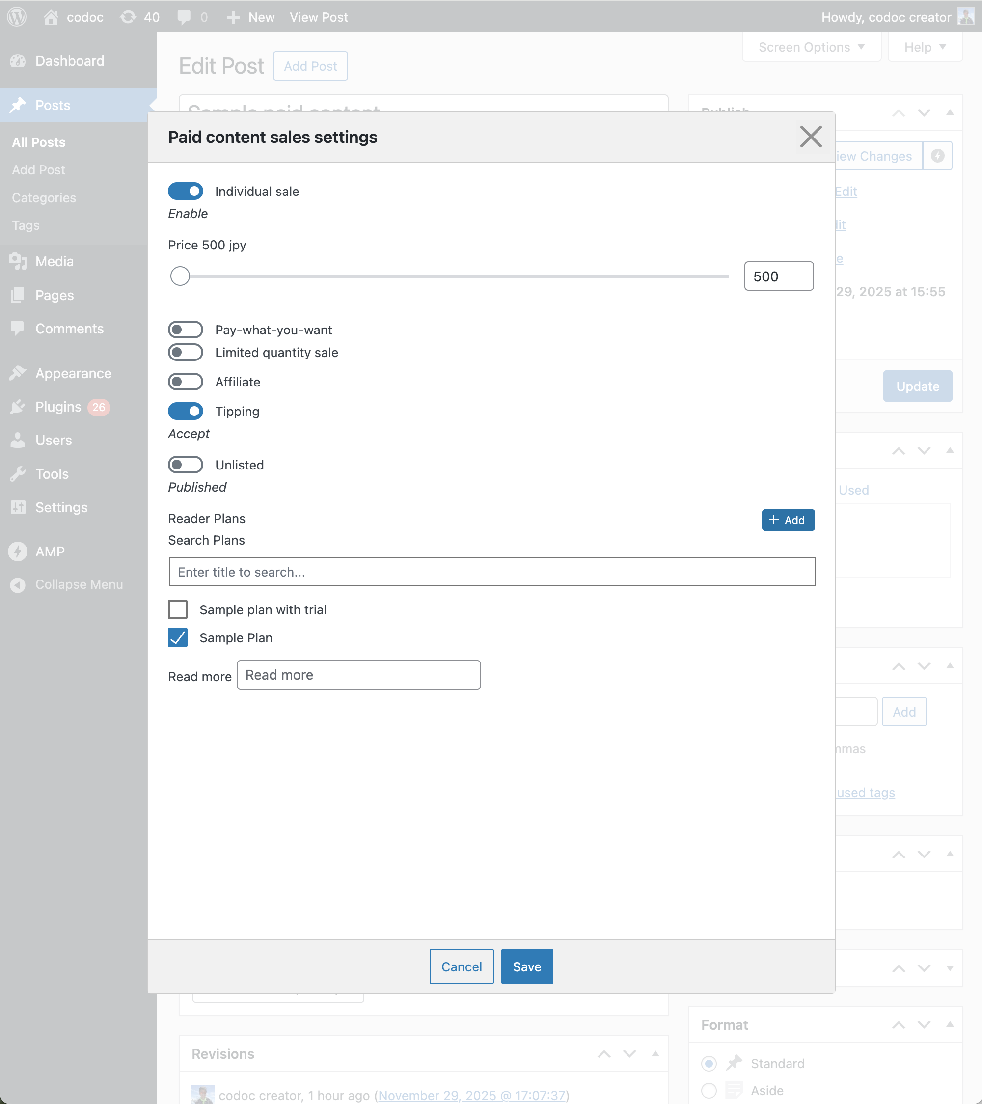 Plugin settings page with straightforward codoc and Stripe integration