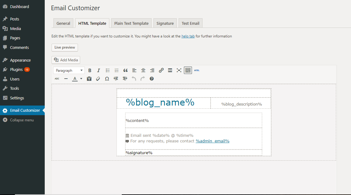 Custom Email template setting