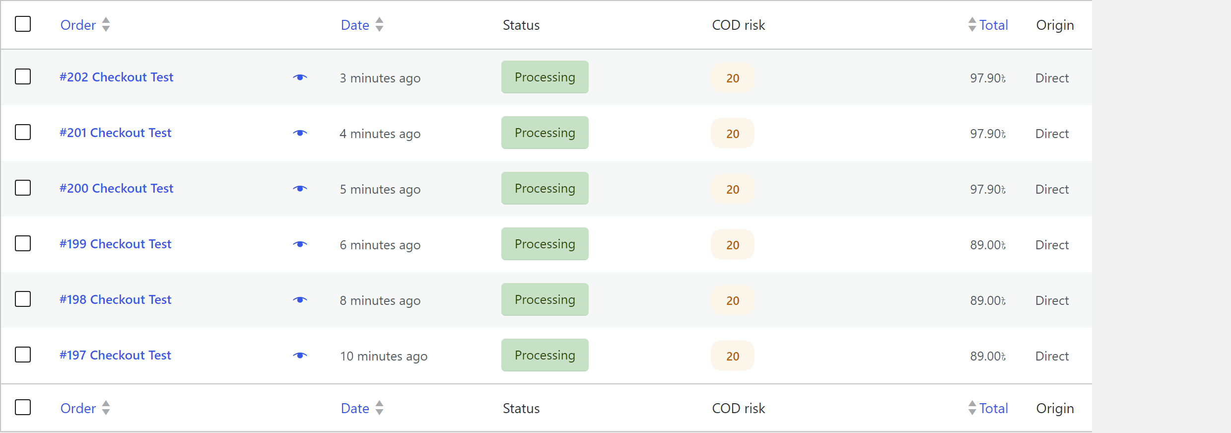 The COD risk column on the orders list.