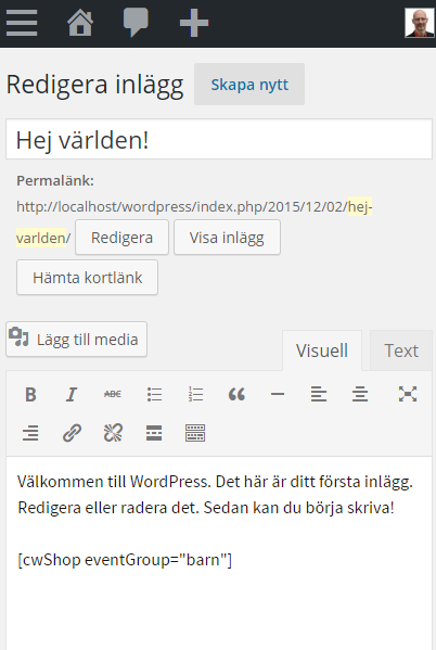 Place a shortcode where you want the content to show up. You can write the shortcode by hand directly on the page or use the media button labeled [CW].