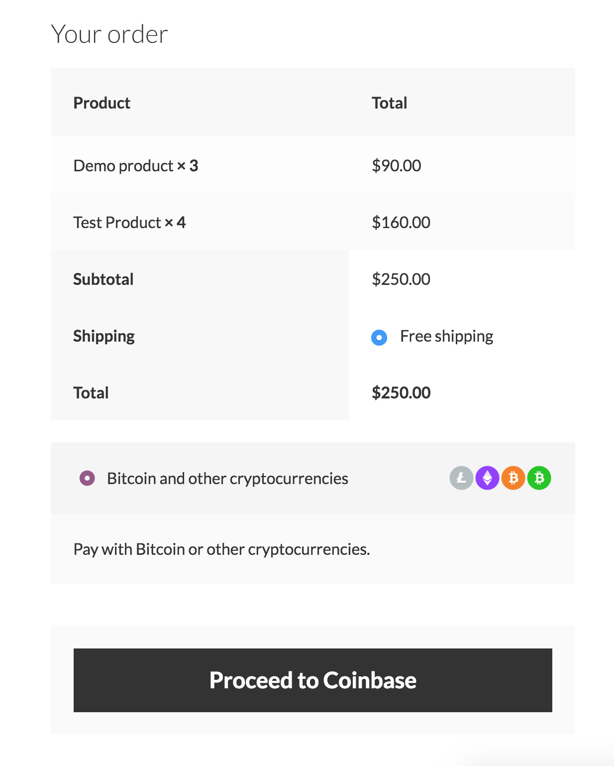 Coinbase Commerce payment gateway on checkout page