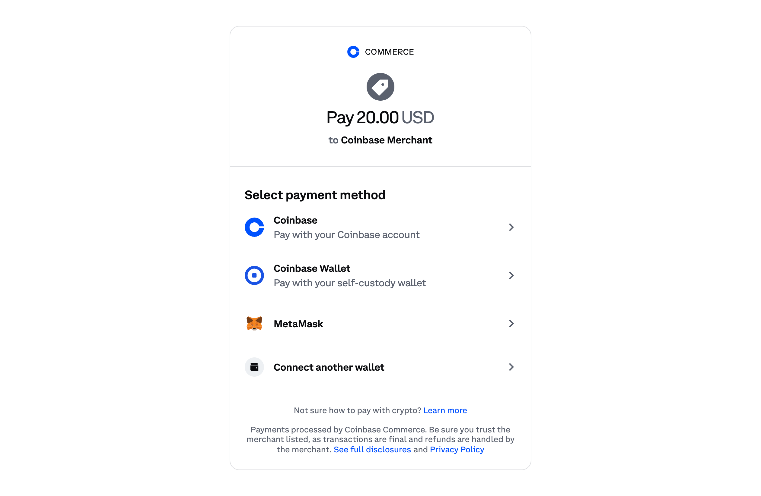 Cryptocurrency payment screen