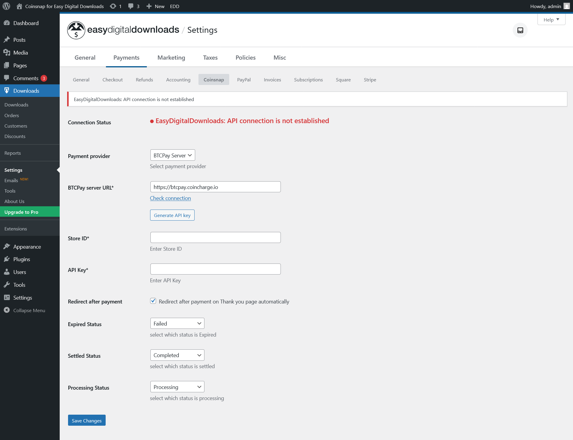 BTCPay server gateway connection settings: server is connected