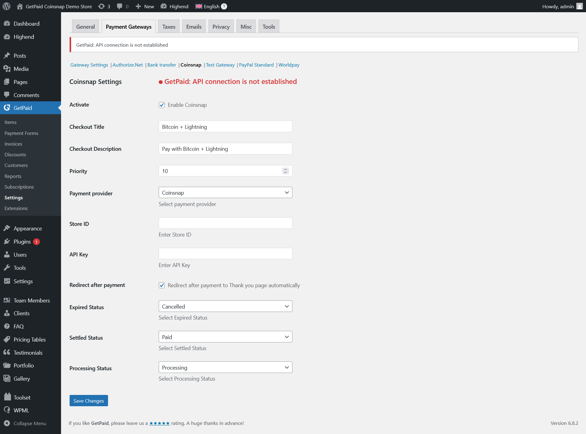 Coinsnap plugin connected to BTCPay server