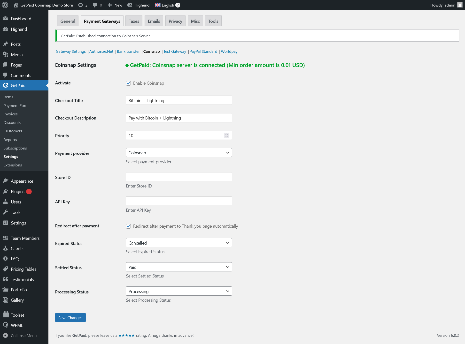 You find API Key and Store ID in your Coinsnap backend for Coinsnap connection