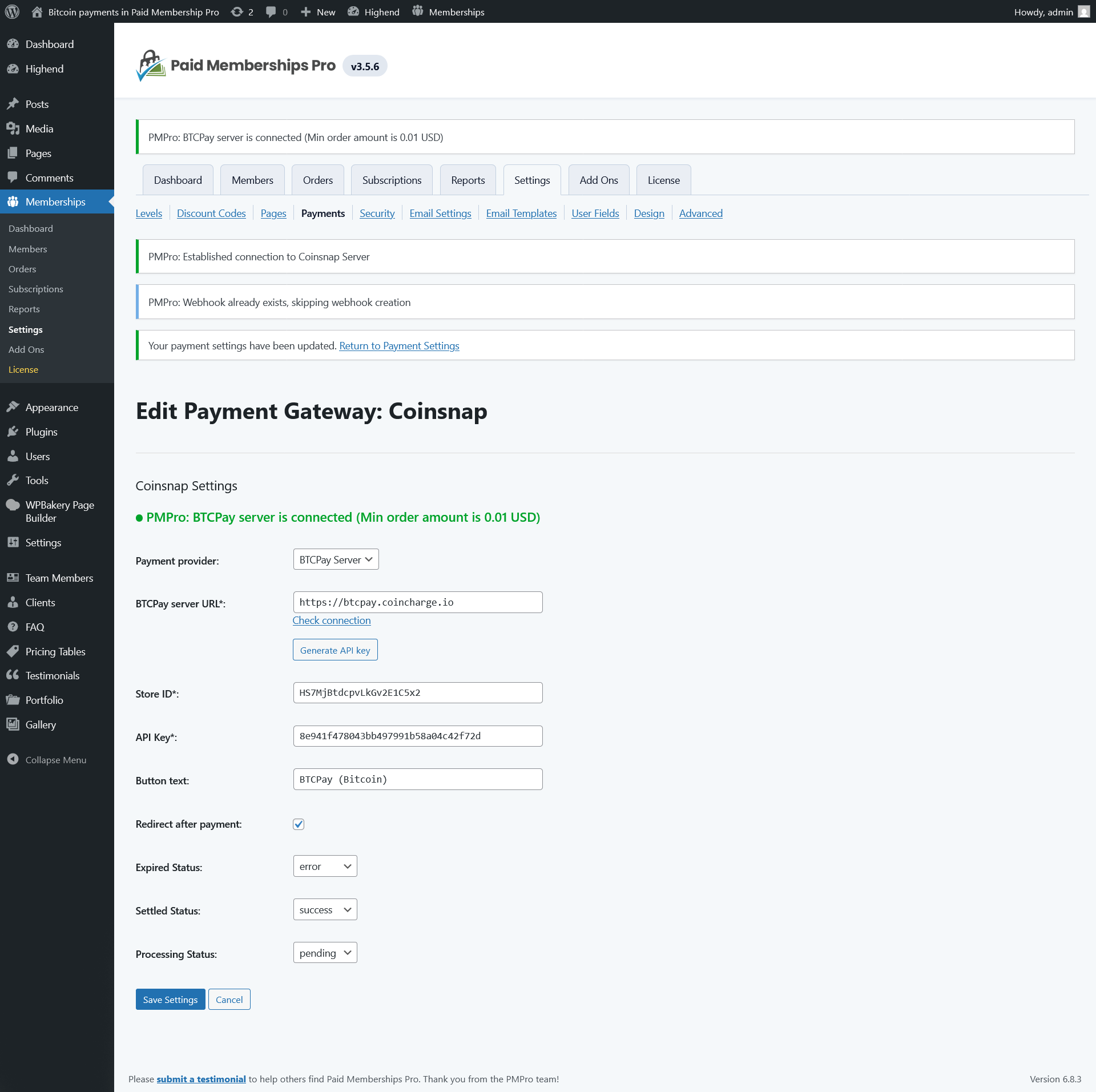 Connect website with Coinsnap