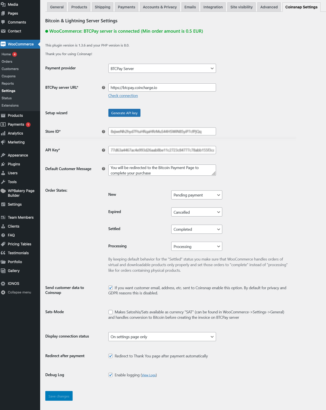 Go to the Coinsnap Settings tab in WooCommerce settings