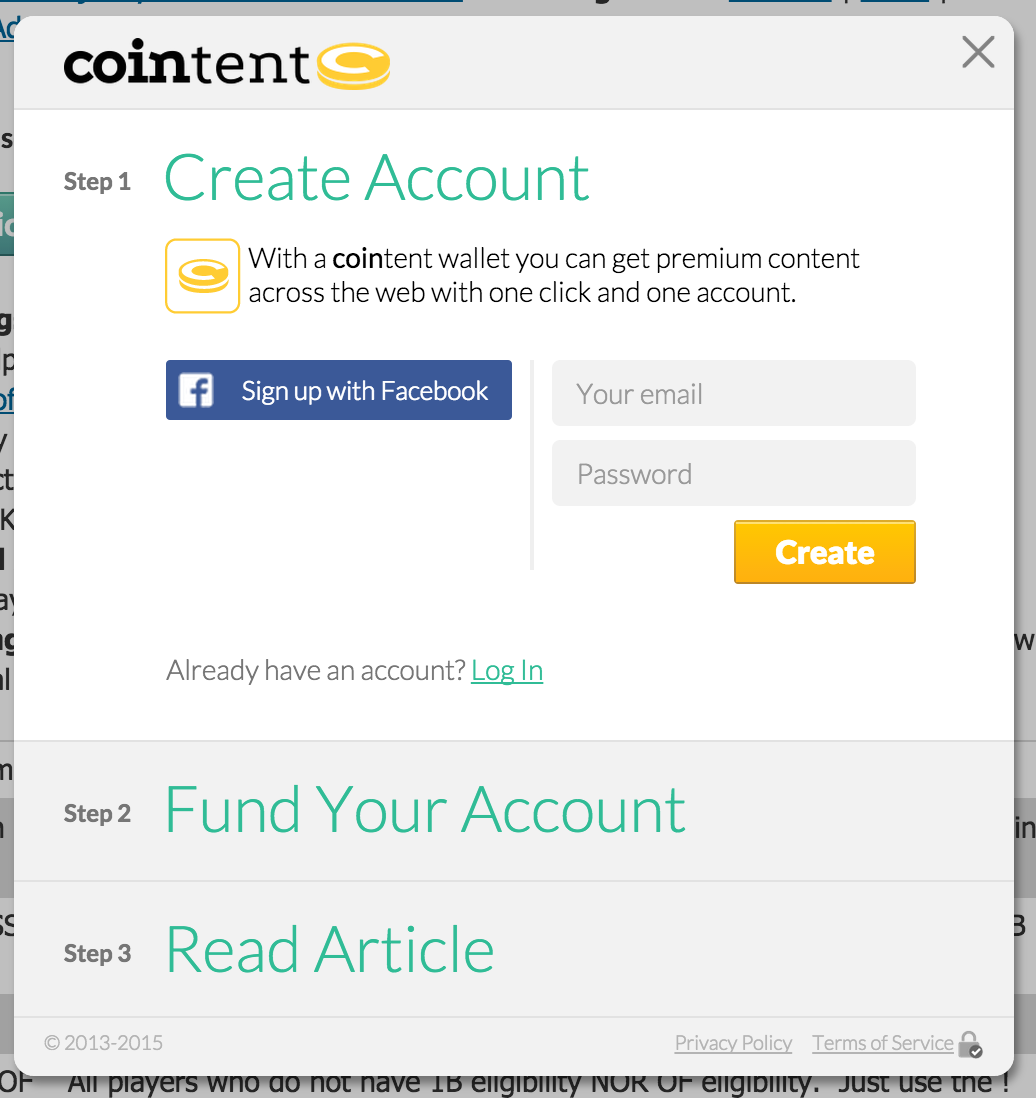 The CoinTent setup account page. This is how a consumer creates an account to pay for content via day passes or micropayments.