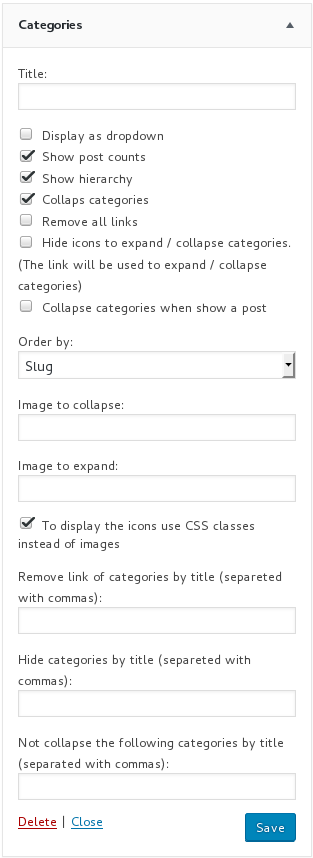 Detail widget settings categories.