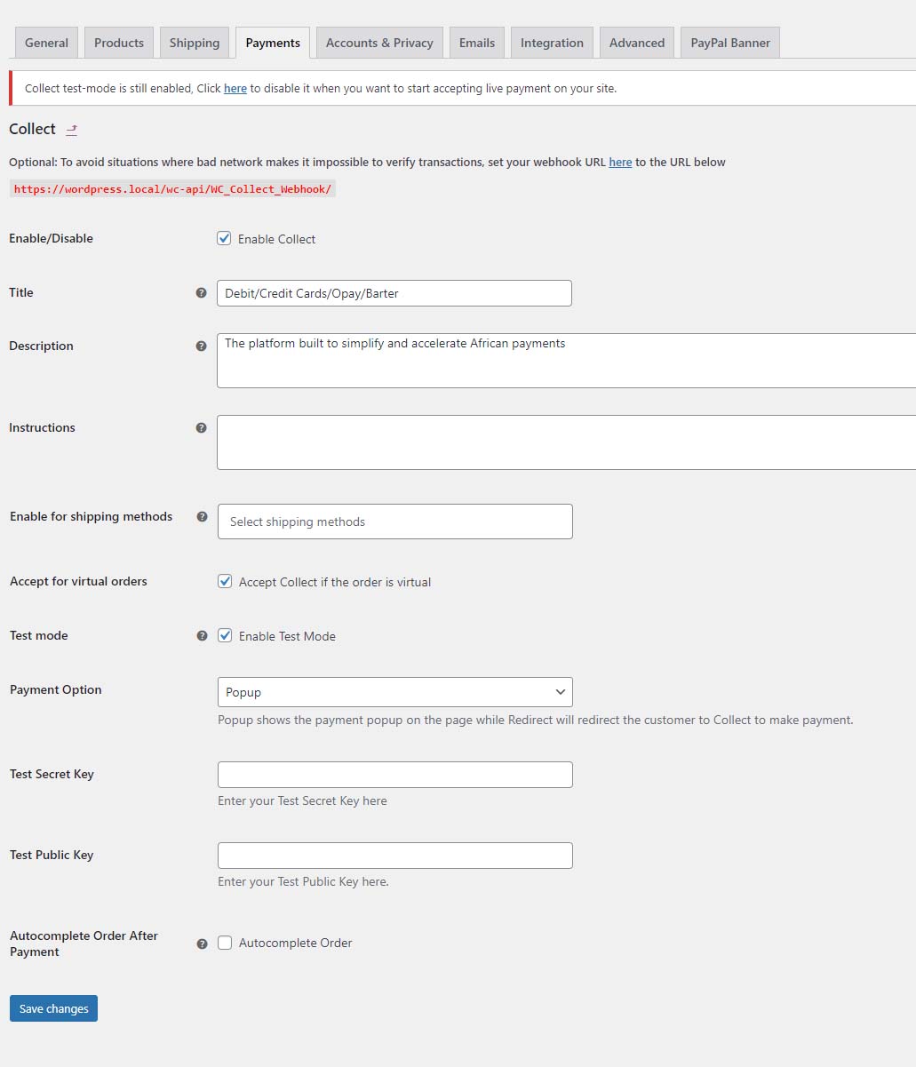 Collect WooCommerce Payment Gateway Setting Page