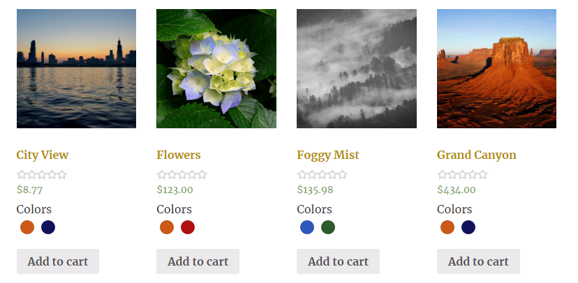 Close-up of WooCommerce color filter display under thumbnails