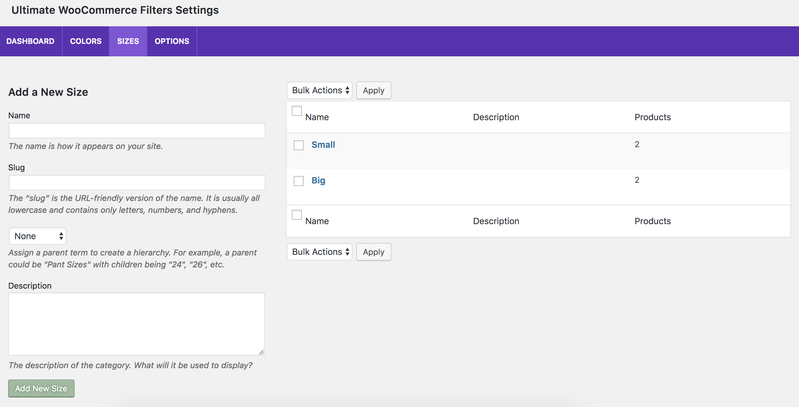 View of Sizes tab in plugin admin