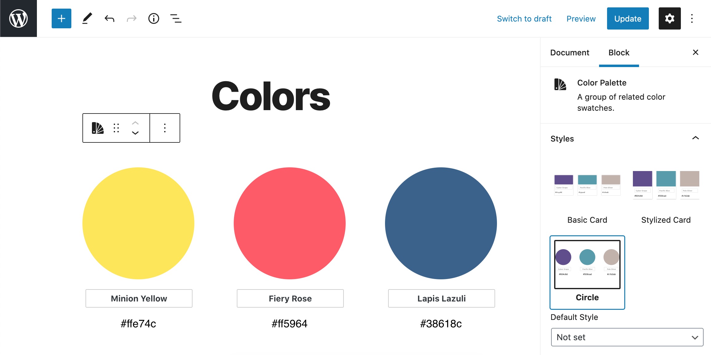 The Color Palette block in the post editor, displaying the colors as circles.