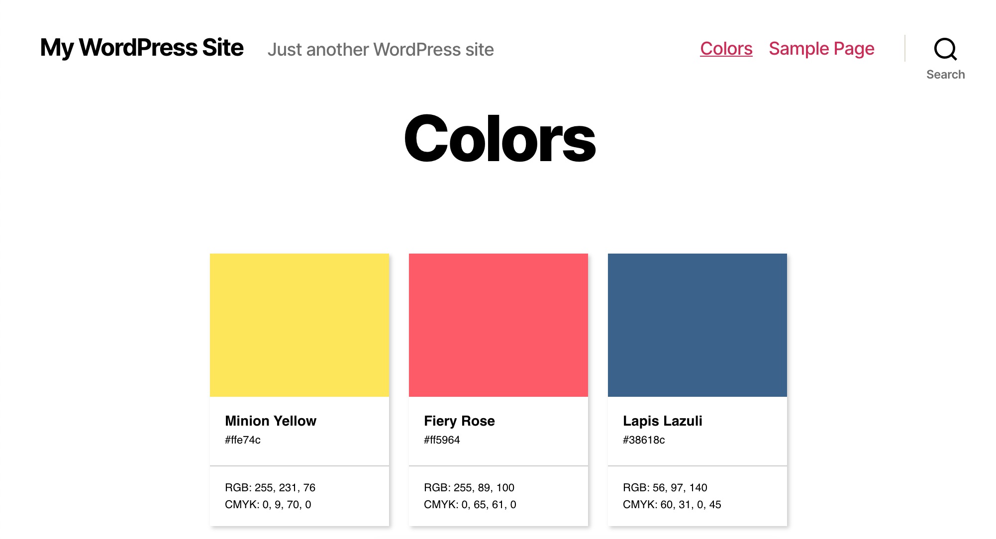 The Color Palette block in the front-end, displaying the colors as stylized cards.
