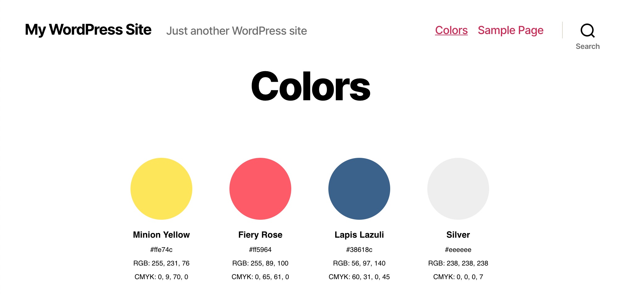 The Color Palette block in the front-end, displaying the colors as circles.