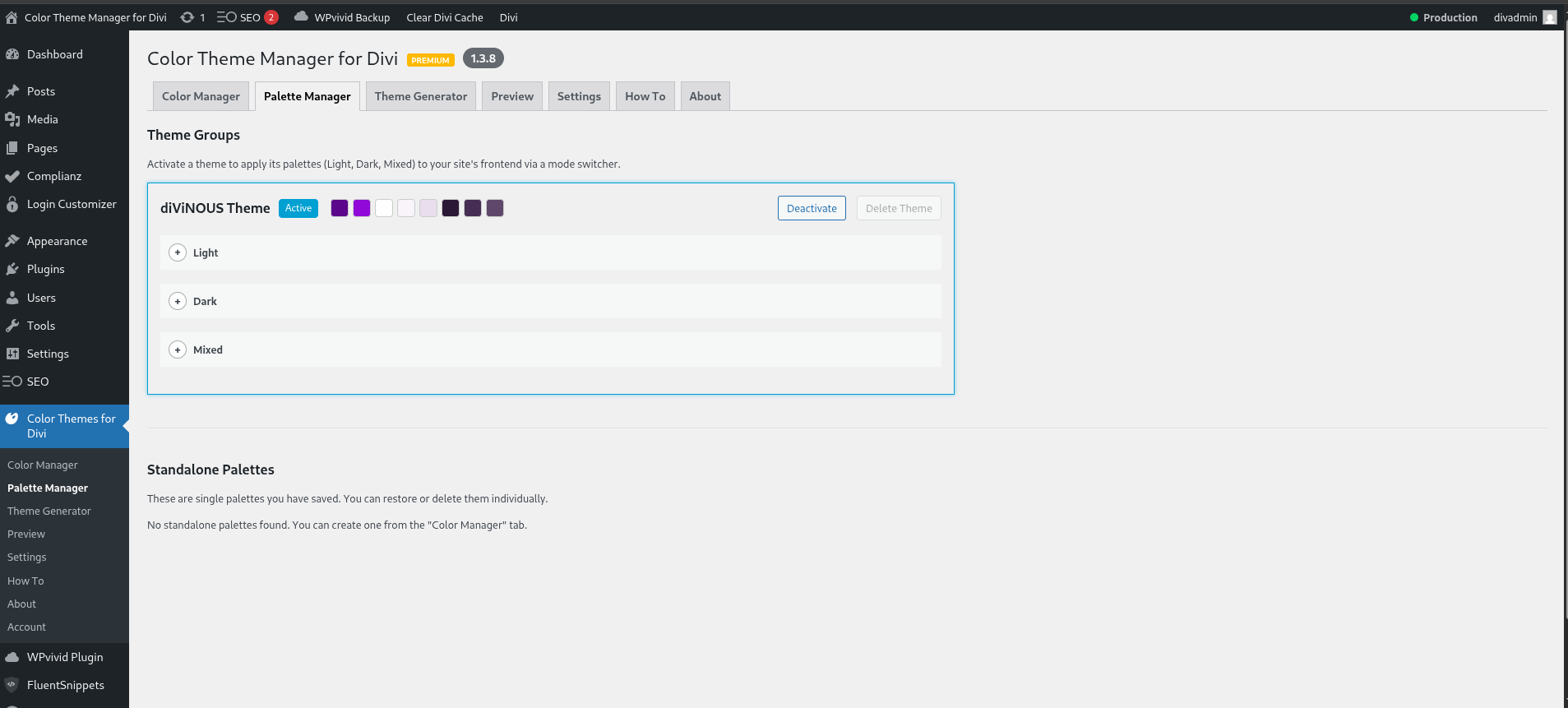 The "Palette Manager" tab, showing saved user snapshots (backups).