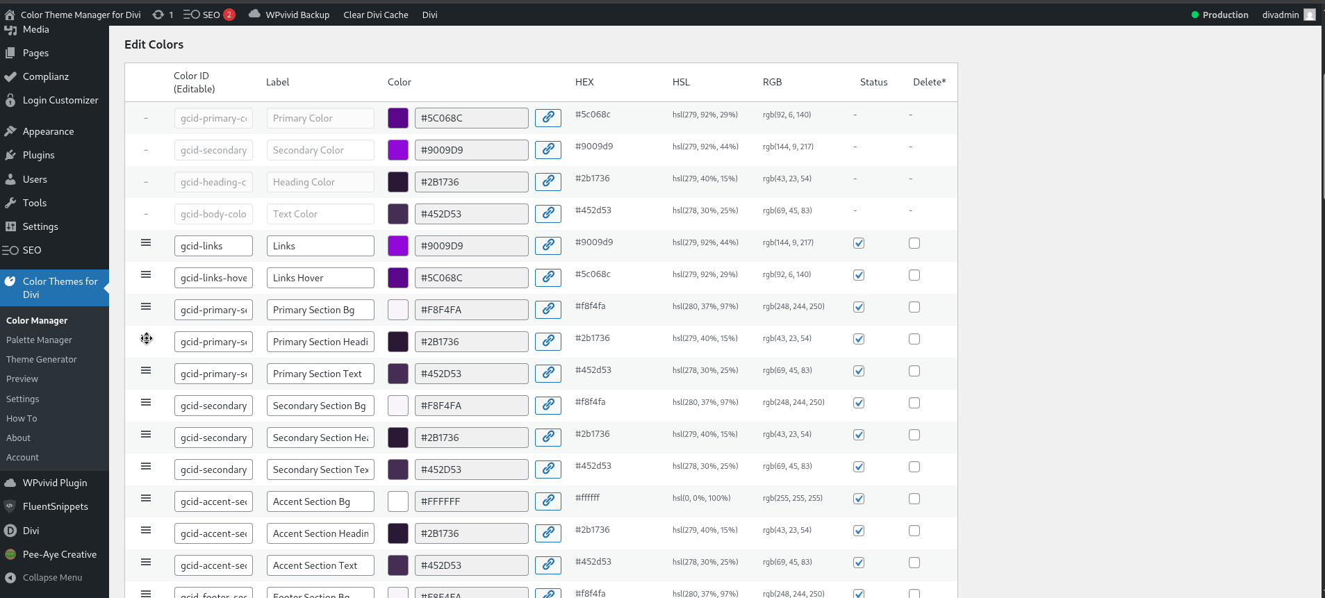 Re-ordering colors using drag-and-drop and managing their status (active/inactive).