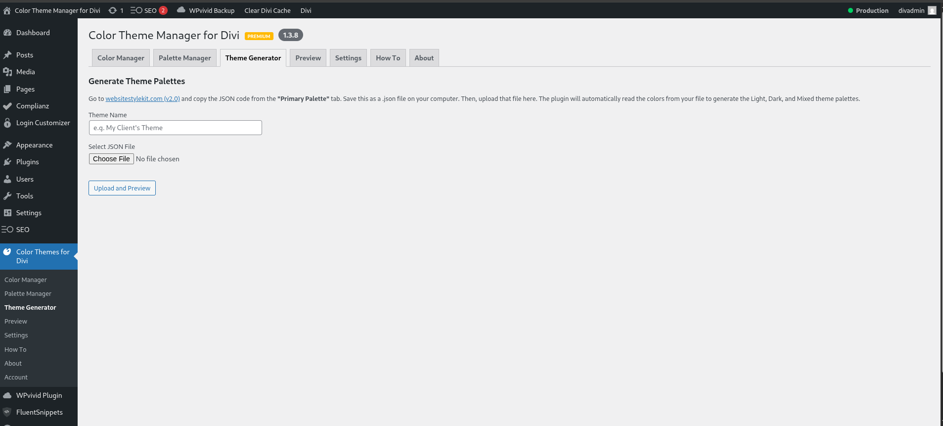 (Premium) The "Theme Generator" tab, showing the process of uploading a JSON file.