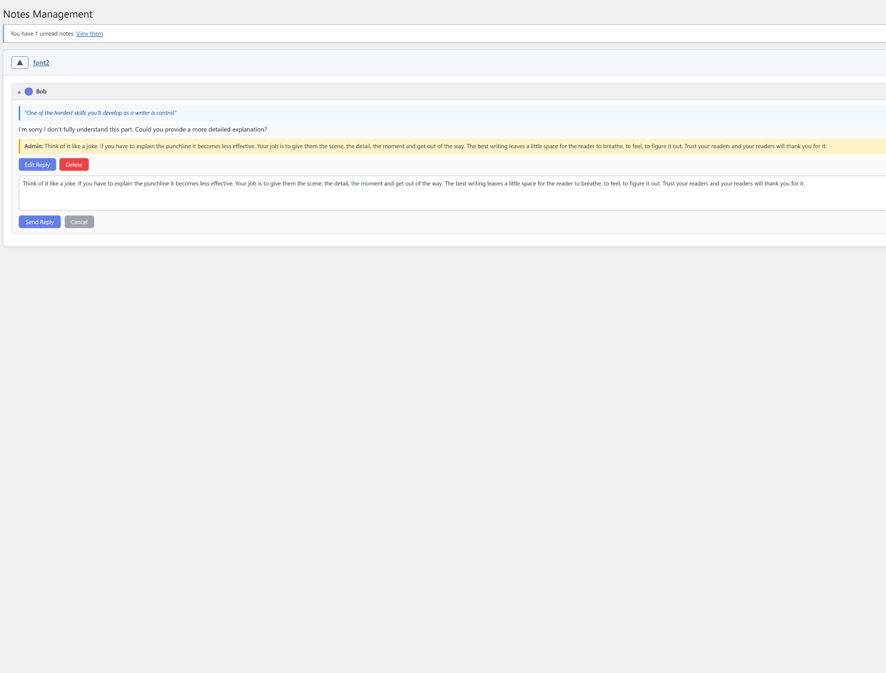 Admin notes management interface