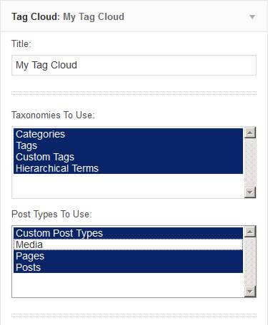 Enter your (optional) title, and pick which taxonomies and post types will be picked for this cloud.