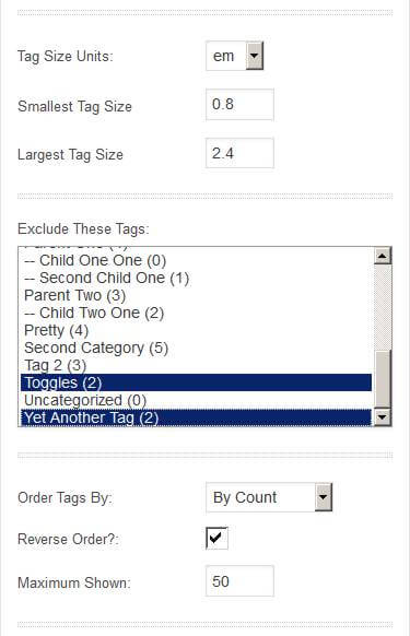 Choose the size range of the tags, which ones should never appear and what order to display them in.