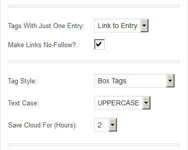 More options - how to deal with single count tags, link behaviour and tag appearance, as well as how long to store the resulting HTML.