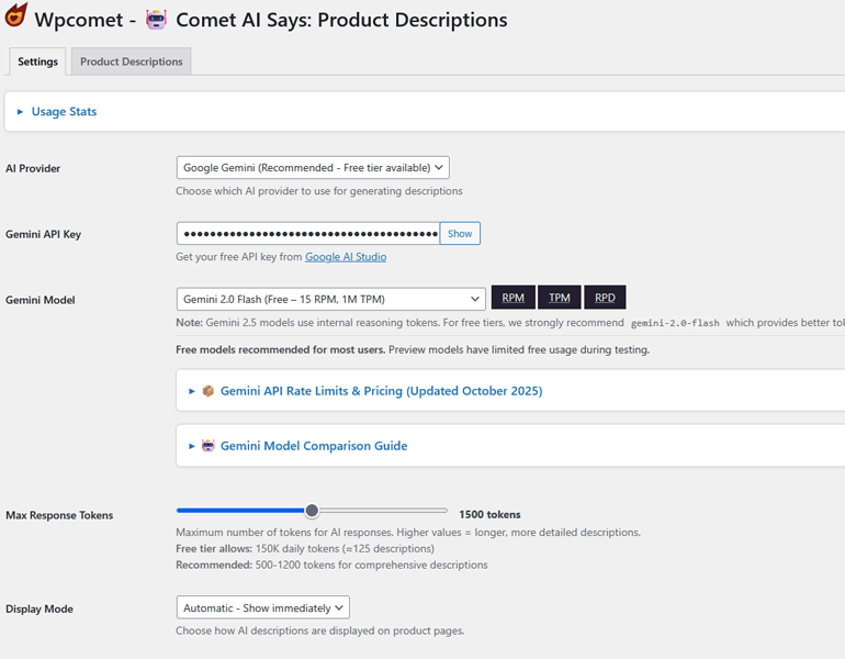 Plugin settings panel with API configuration and model selection.