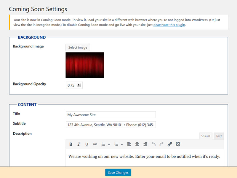 The plugin settings page