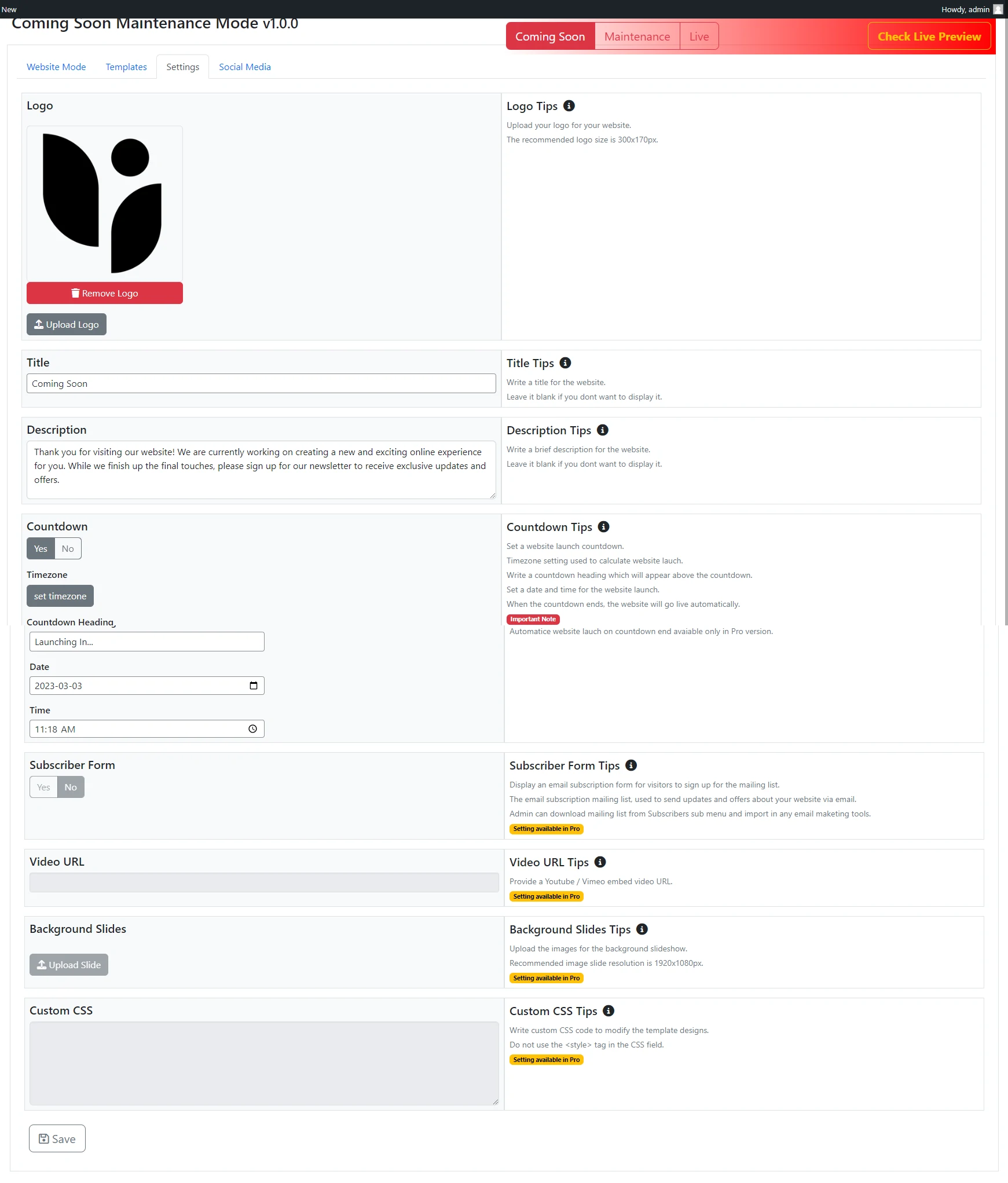 Social Media Settings