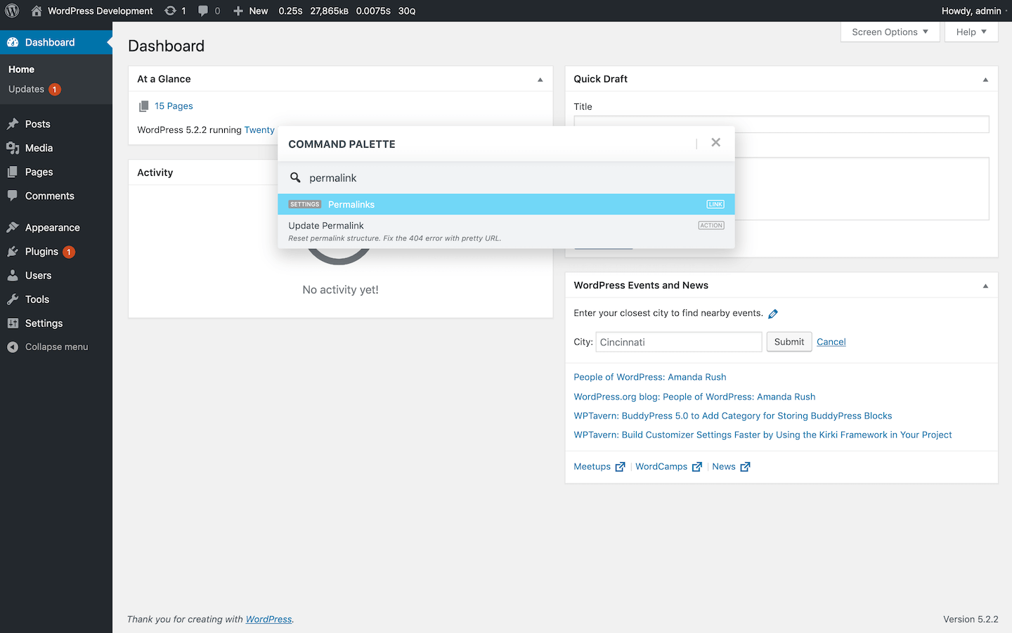 Searching for page/action.