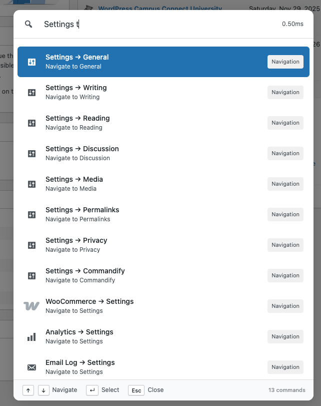 Navigation Commands – open any admin screen
