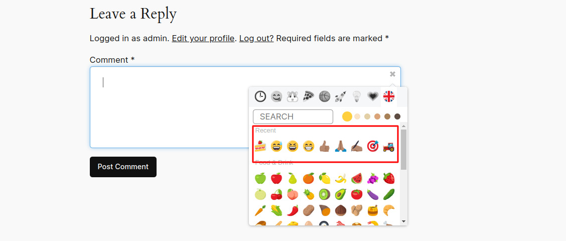 Displaying recent emojis in the picker (screenshot-5.jpg).