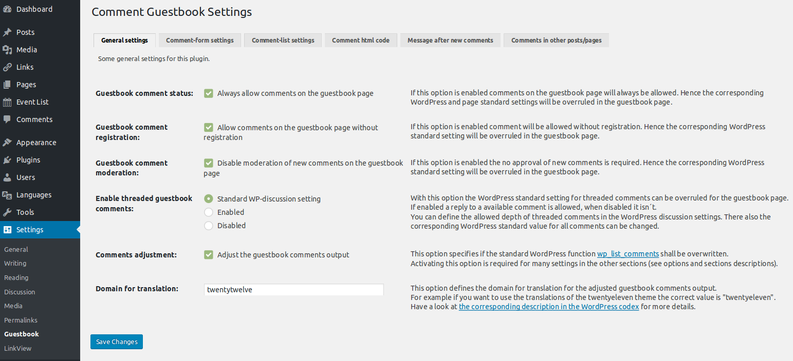 Admin settings page (Comment-form settings tab)