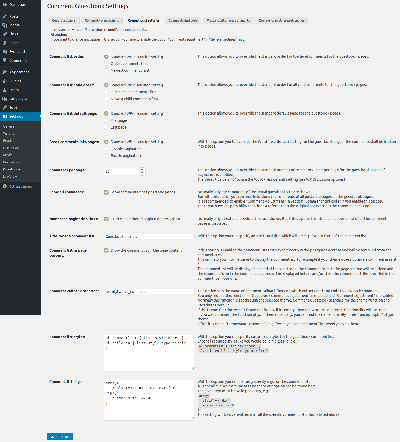 Admin settings page (Comment html code tab)