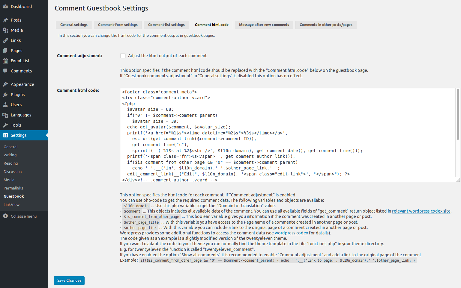 Admin settings page (Message after new comment tab)