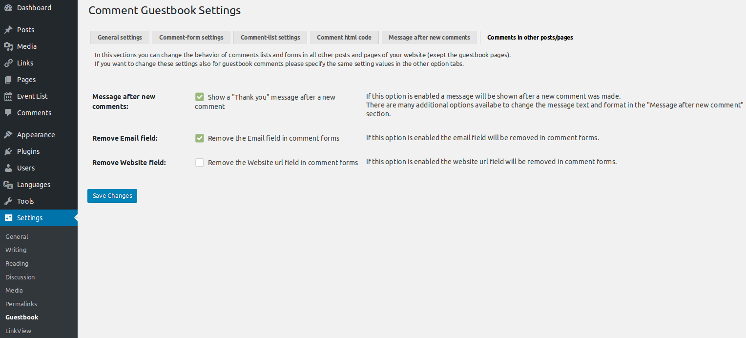 Widget options on admin page
