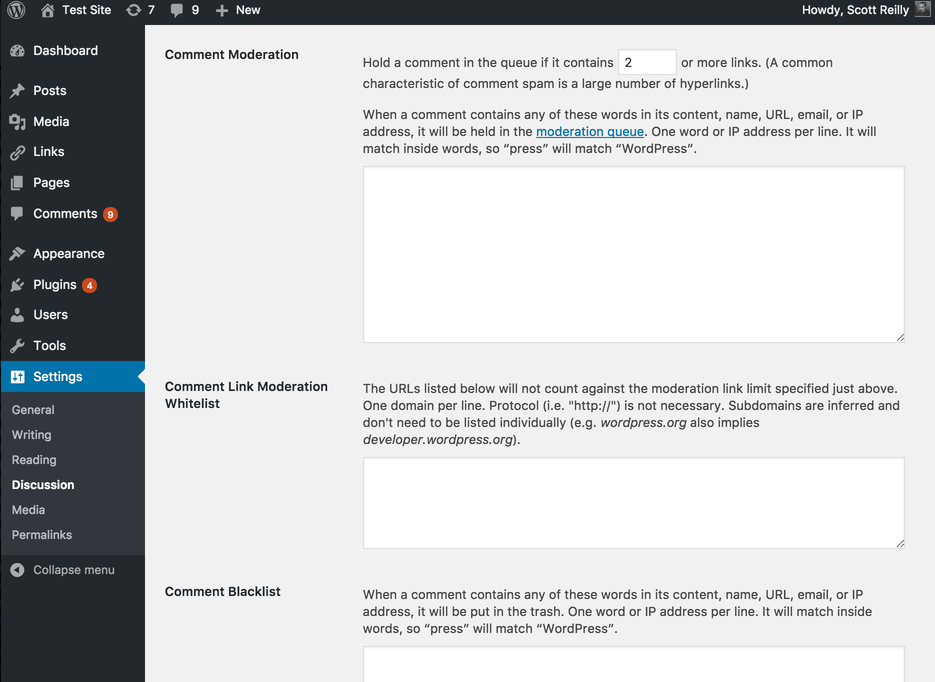 A screenshot of the `Settings` -> `Discussion` admin page showing the 'Comment Link Moderation Whitelist' input field.