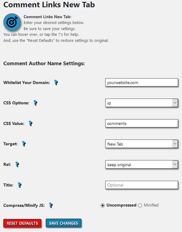 WordPress Admin Dashboard Comment Links New Tab Settings