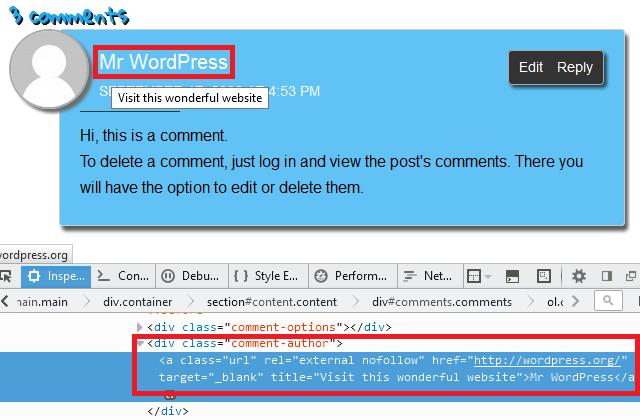 Comment Link with open in new tab and title attribute set