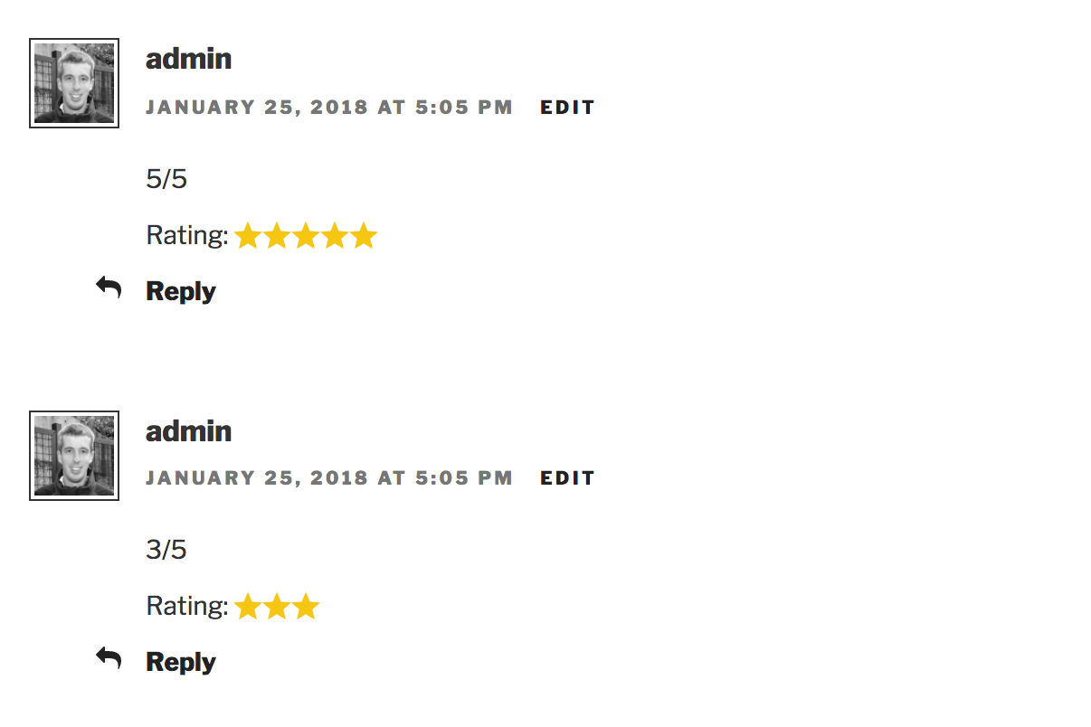 Ratings displayed on Comments