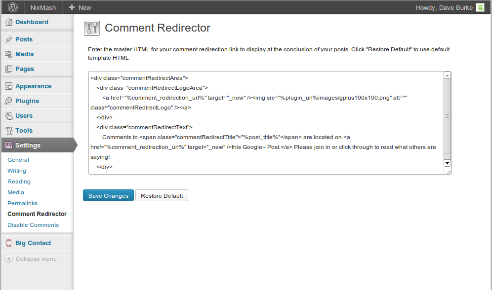 Comment Redirector Message Template and Settings page