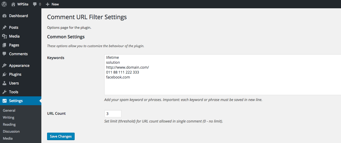 [WordPress Plugin](https://wordpress.org/plugins/comment-url-filter) - Options Page