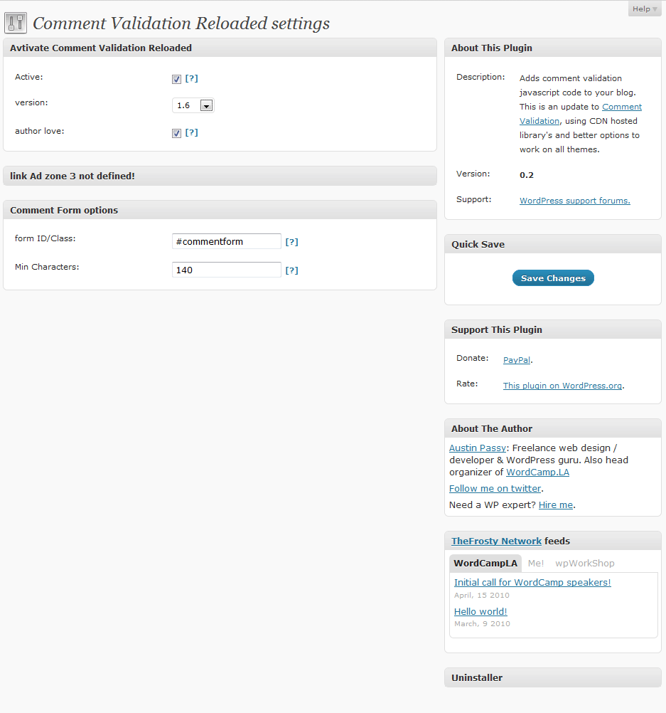 Admin options panel in `0.1`
